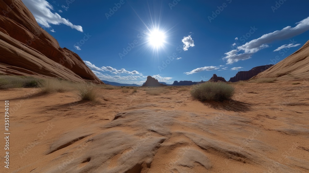 Fototapeta premium Sun-drenched desert landscape. Desert valley with sandstone formations under a vibrant blue sky