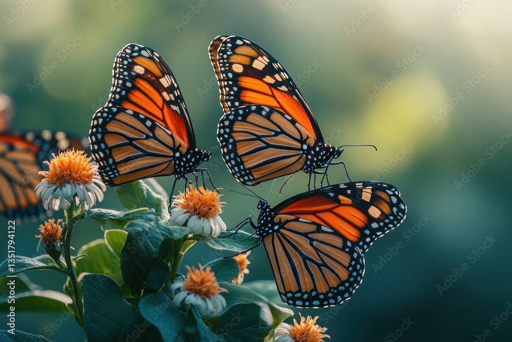 Fototapeta premium Monarch butterflies on flowers in a sunlit garden