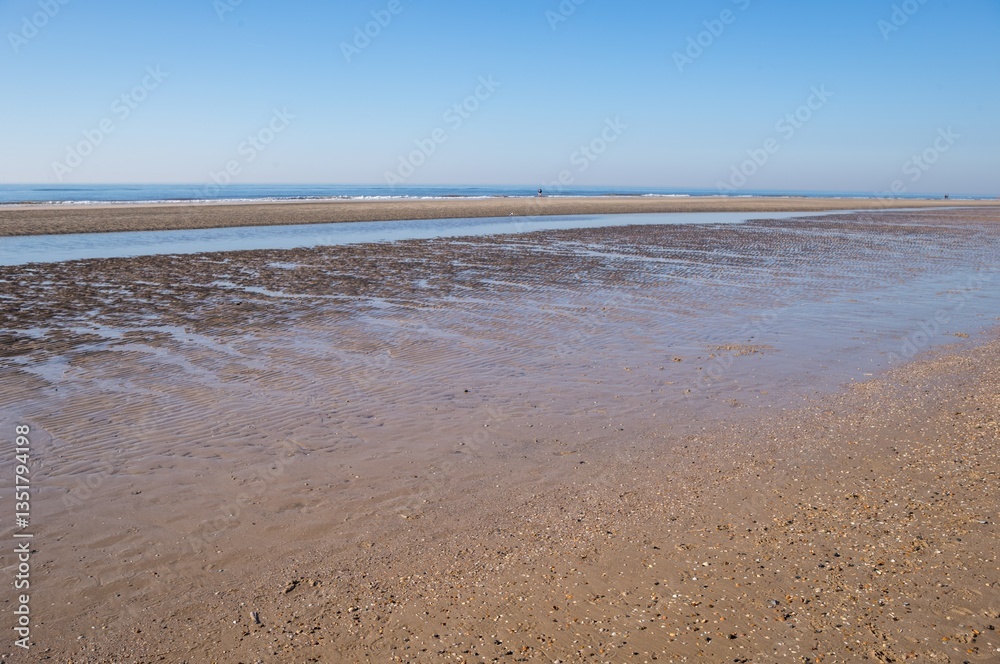 Low tide exposing wet sand and shallow water on beach Low tide exposing wet sand and shallow water on beach