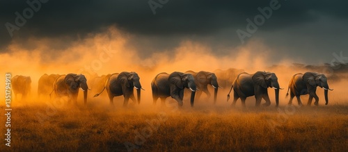 Elephant herd walking dusty savanna at sunset, dramatic sky