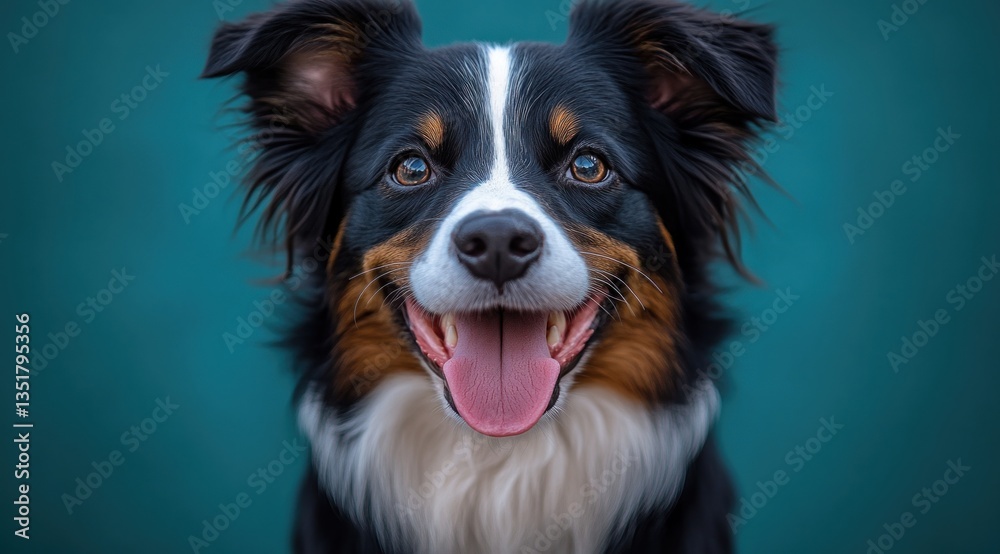 Playful Border Collie Portrait with Tongue Out on Blue Background Playful Border Collie Portrait with Tongue Out on Blue Background