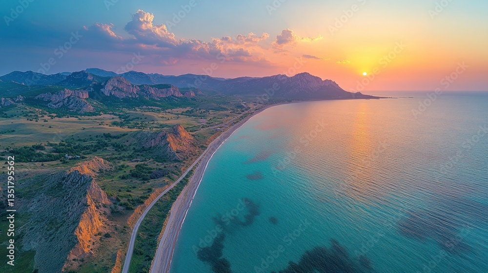 Fototapeta premium Sunset Over Coastal Mountains and Turquoise Sea
