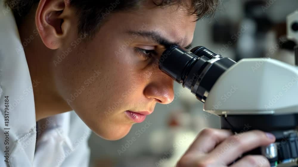 Person Observing Through Microscope in Scientific Lab with Research Tools