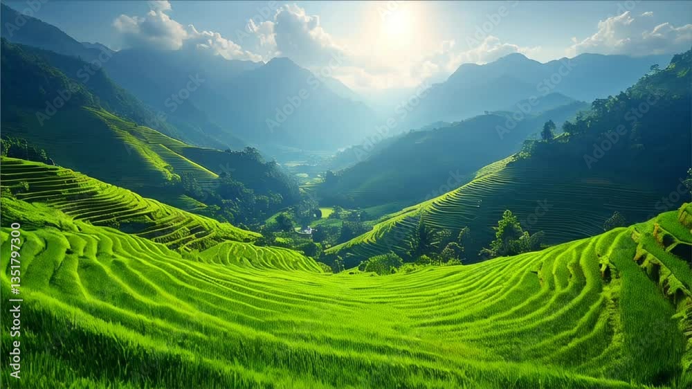 It's a clear morning over the rice terraces, light rays of sunshine gliding across the bright green fields. It's a clear morning over the rice terraces, light rays of sunshine gliding across the bright green fields.