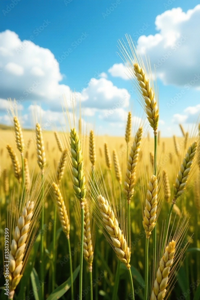 Wheat stalks stretching towards the sky with clouds, growing, crops Wheat stalks stretching towards the sky with clouds, growing, crops