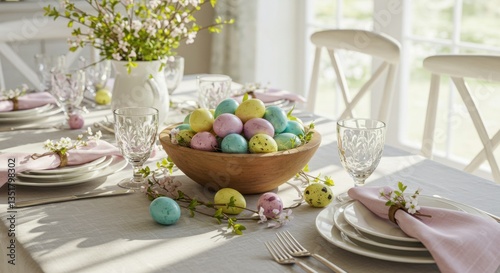 Wallpaper Mural Easter table setting with colorful eggs and spring decor  Torontodigital.ca