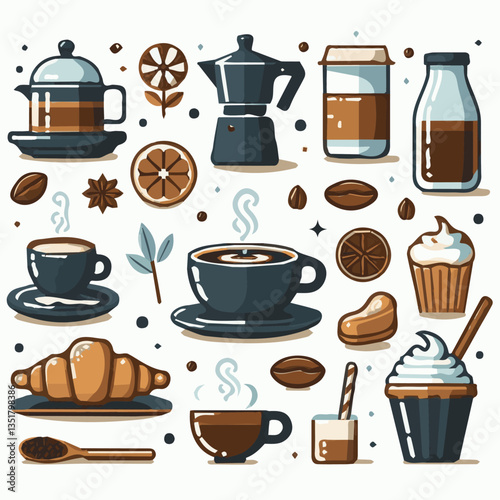 coffee, drink, background, beverage, espresso, cup, cafe, caffeine, food, hot, morning, white, mug, breakfast, brown, aroma, black, fresh, dark, closeup, design, cappuccino, mocha, latte, vector, set,