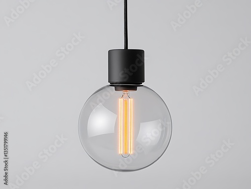 A modern black hanging light fixture with clear glass bulb