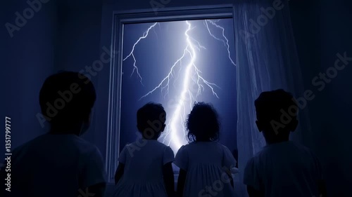 Four young children in nightclothes watch a dramatic lightning strike outside a window, illuminated by the blue glow of a stormy night sky