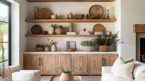 Wallpaper Mural Wooden cabinet with clean lines styled with minimal decor neutral-toned accessories on top white wall backdrop wooden shelves above add warmth and balance to the living room.  Torontodigital.ca