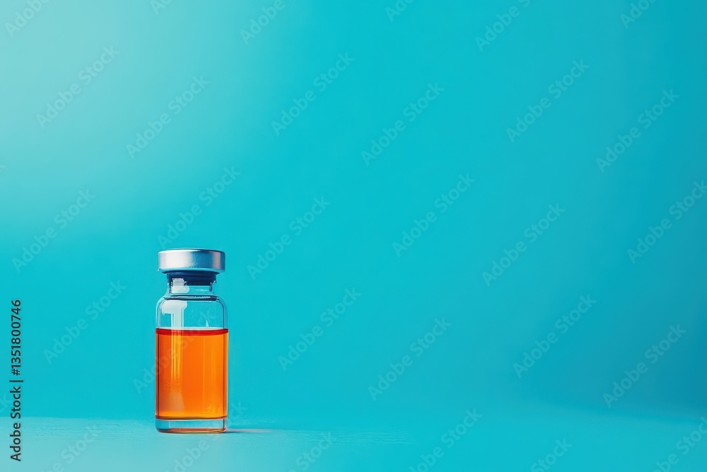 A single bottle containing bright orange liquid set against a blue background for creative concepts and scientific imagery A single bottle containing bright orange liquid set against a blue background for creative concepts and scientific imagery
