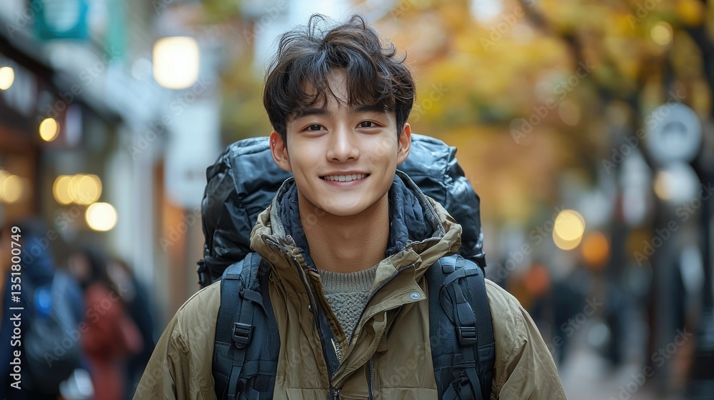 Smiling Backpacker in Autumn City Smiling Backpacker in Autumn City