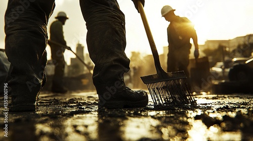 Workers coordinate tarmac leveling, tools glinting in sunlight, close-up of hands gripping rakes, emphasizing detail and effort, side angle for depth.  