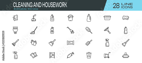 A set of Cleaning and Housework Tools vector illustration, editable stoke