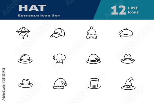 Various types of Hat Line Art Icon Set vector illustration, editsble stroke