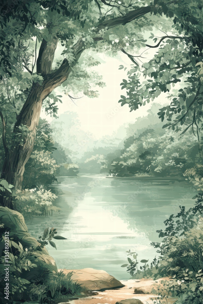 Fototapeta premium Serene Natural Landscape with Lush Green Trees and Calm Water