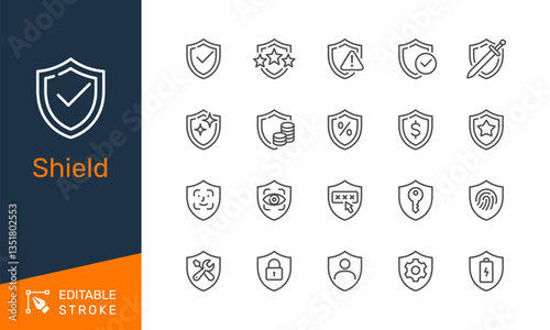 Shield thin line icons. Editable stroke. Pixel perfect.