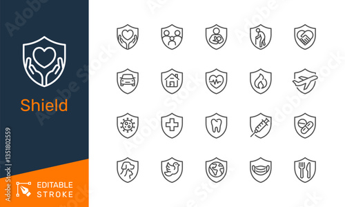 Shield thin line icons. Editable stroke. Pixel perfect.