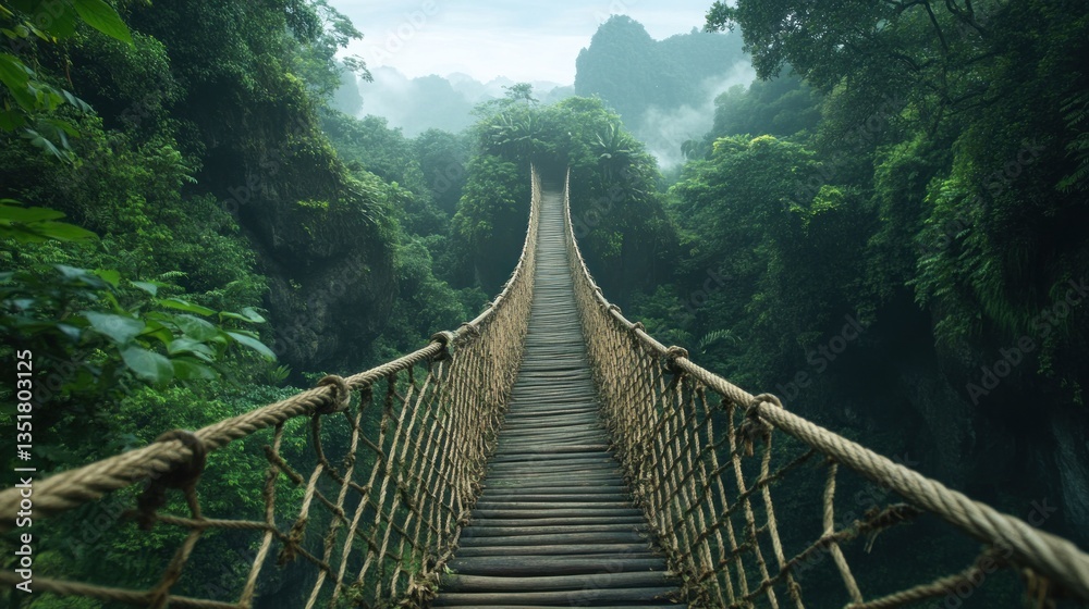 Obraz premium A rope bridge stretching across a lush, misty rainforest canyon.
