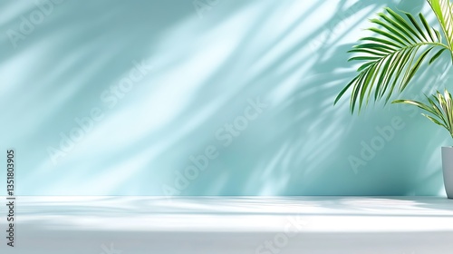Bright Sunlight Illuminates Palm Plant Casting Shadows on Light Blue Wall, Minimalist White Tabletop Display