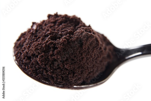 A spoonful of finely ground dark brown coffee beans, ready for brewing.