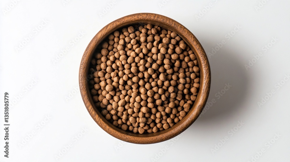 A wooden bowl filled to the brim with small brown spherical objects set against a plain background A wooden bowl filled to the brim with small brown spherical objects set against a plain background