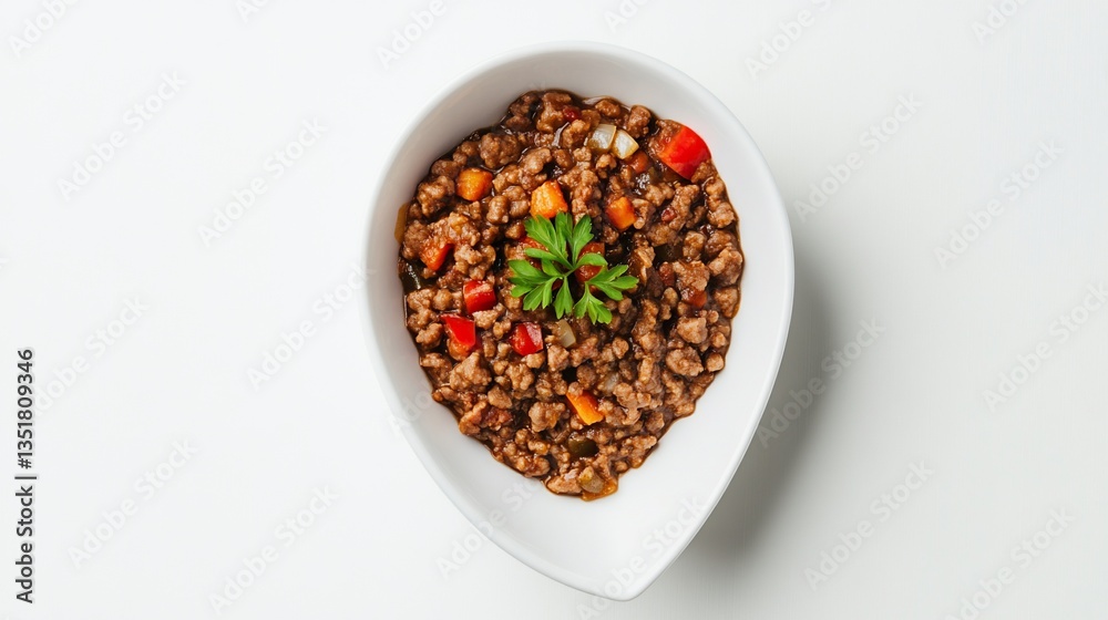Ground meat sauce with vegetables in white bowl on white background Ground meat sauce with vegetables in white bowl on white background