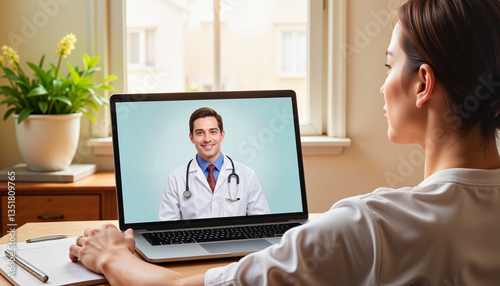 Doctor communicating with patient via laptop, telemedicine consultation