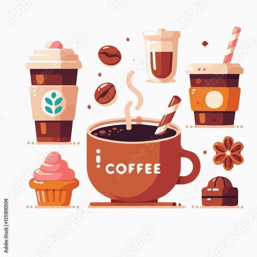 coffee, drink, background, beverage, espresso, cup, cafe, caffeine, food, hot, morning, white, mug, breakfast, brown, aroma, black, fresh, dark, closeup, design, cappuccino, mocha, latte, vector, set,