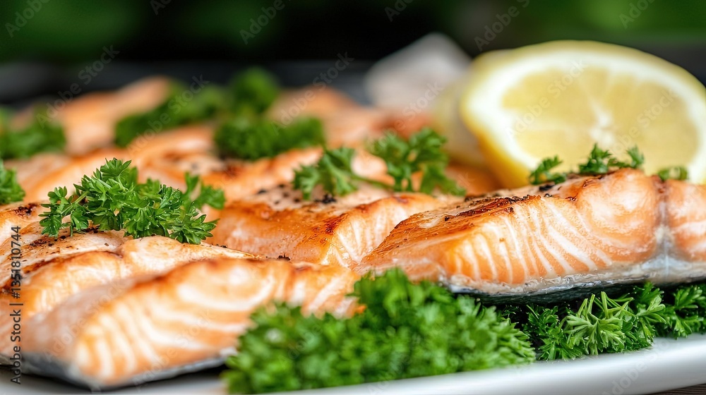Grilled salmon fillets garnished with parsley and lemon Grilled salmon fillets garnished with parsley and lemon