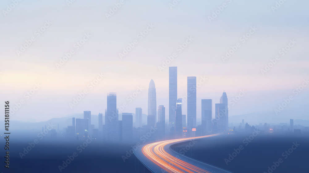 Fototapeta premium Foggy Cityscape with Skyscrapers and Road