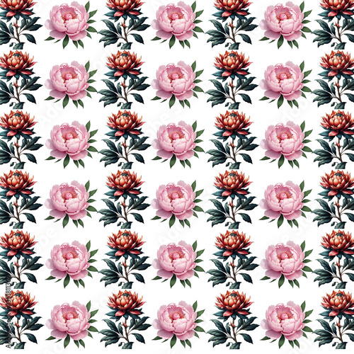 Elegant Floral Pattern with Pink Peonies and Red Lotus Blossoms