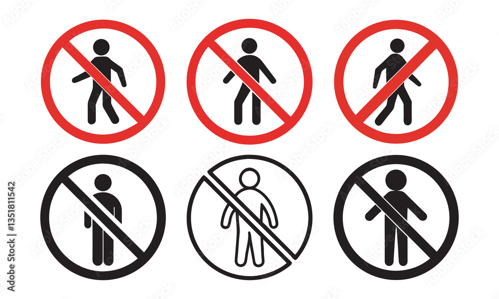 Prohibited Entry Signs: No Pedestrian Access Icons, Prohibition no pedestrian sign. No walk icon set. No entry sign, vector illustration