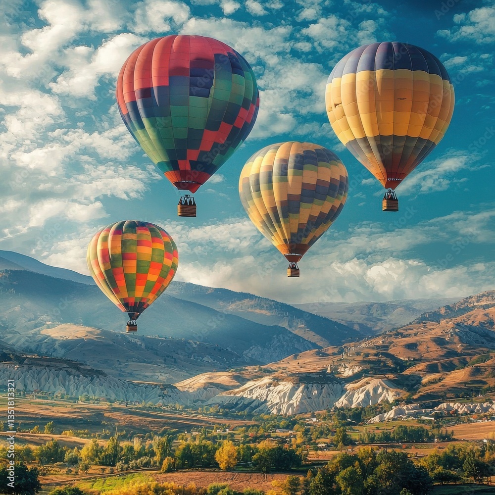 Fototapeta premium Four vibrant hot air balloons gracefully soar above a picturesque landscape of rolling hills and valleys under a bright blue sky filled with fluffy white clouds on a beautiful