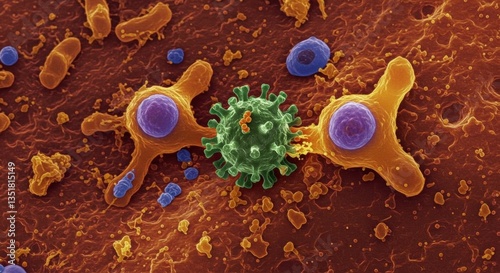 Immune cells interacting with a virus under microscope 