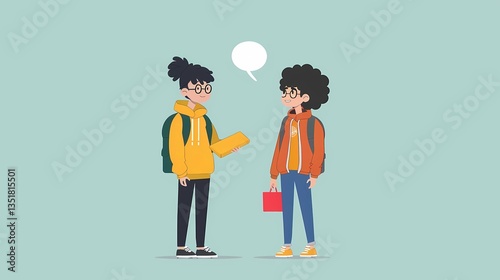 Two students interacting in a casual setting while wearing backpacks and comfortable clothing Generative AI