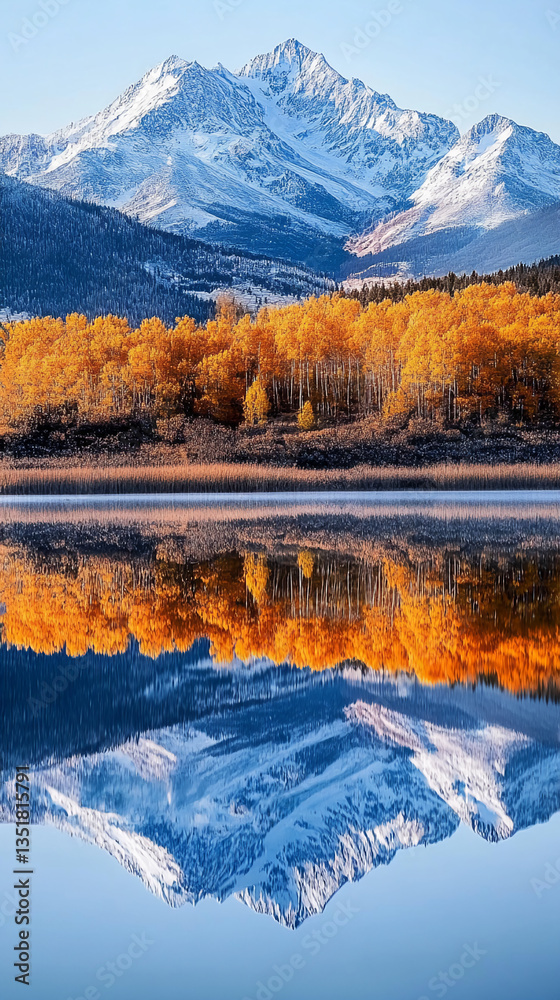 Obraz premium Reflective lake mirroring snow-capped mountains and golden autumn trees, showcasing serene autumnal landscape, perfect for nature or travel themes