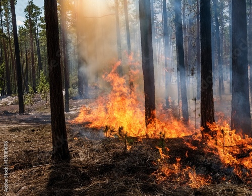 Incendio en un bosque. Llamas quemando arboles. Concepto de desastre natural photo