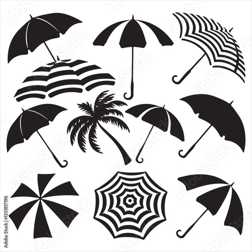 set vector various beach umbrella silhouettes