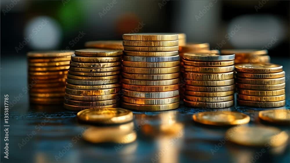 Stacks of coins representing economic growth on blurred background. Stacks of coins representing economic growth on blurred background.