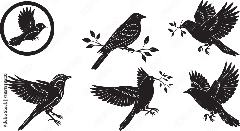 Obraz premium Bird Silhouette: Avian Symbol, Wildlife, Flat Vector Illustration