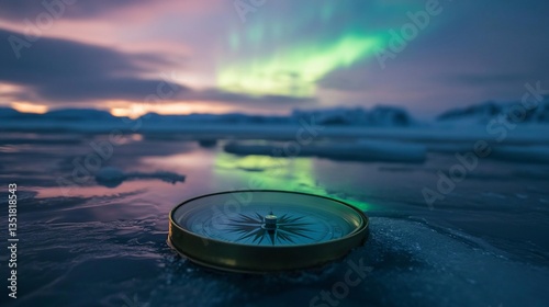 A compass on ice with a beautiful aurora borealis in the background during twilight