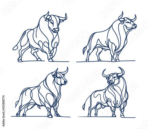 vector set of continous line drawing - strong bull (artwork 1)