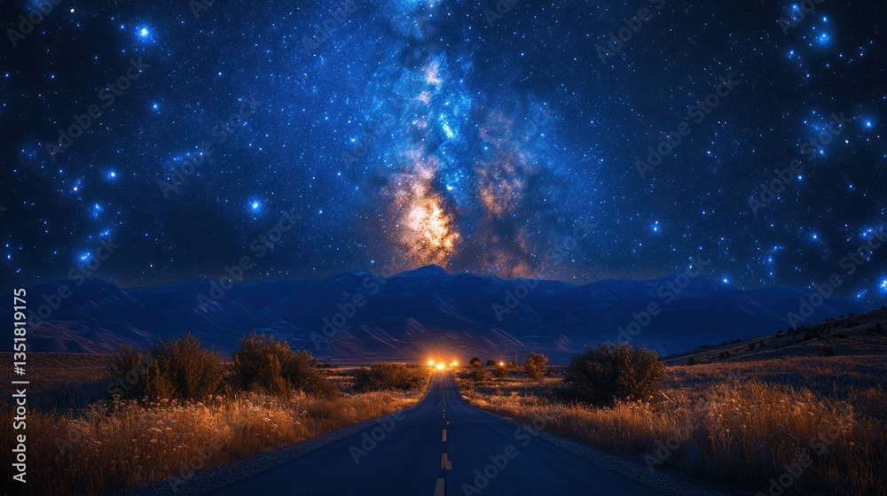 Naklejka premium Starry Night Road Trip: A Journey Under the Milky Way
