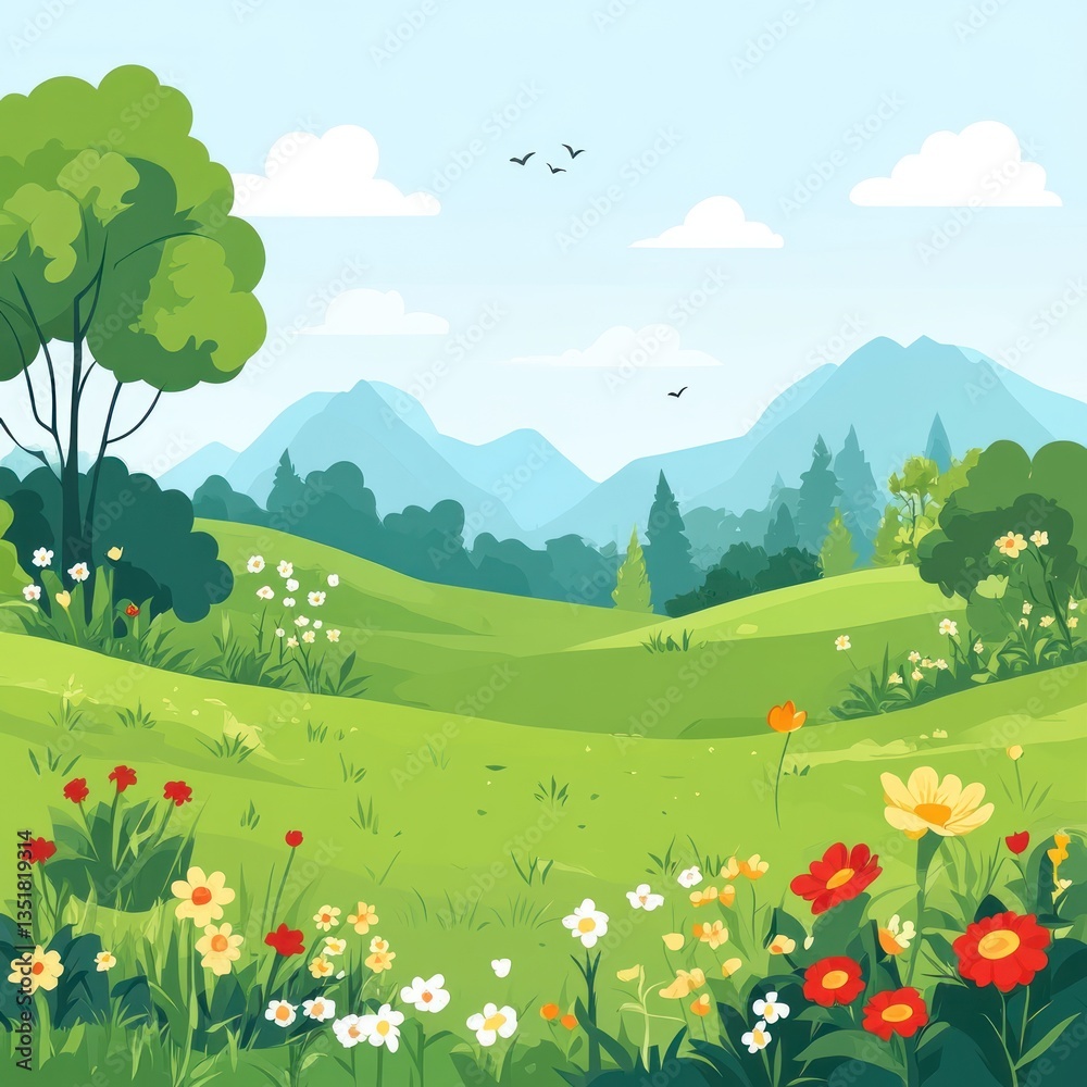 Fototapeta premium Spring Meadow Landscape with Mountains
