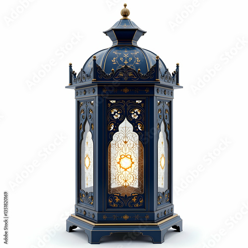 Dark blue antique-style lantern with gold patterns enhancing vintage decor with intricate craftsmanship
 photo