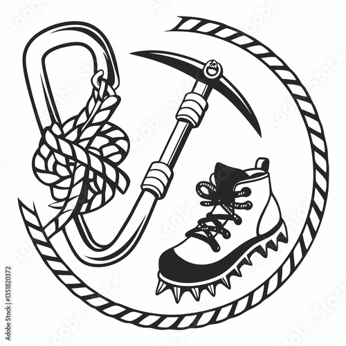 Mountaineering logo isolated on white background. Climber equipment. Spiked boots, rope. Hook