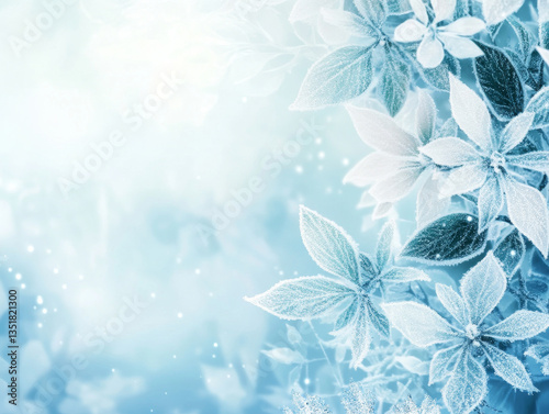 Delicate frost flowers with icy textures and soft blue background, evoking serene winter atmosphere.