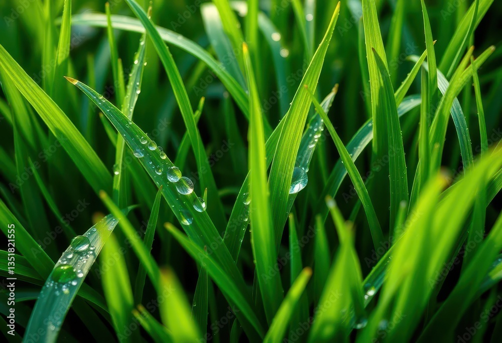 Close-up of freshly cut hybrid grass, vibrant green, dew drops glistening, sunlight, ecology Close-up of freshly cut hybrid grass, vibrant green, dew drops glistening, sunlight, ecology