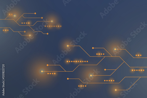 Orange circuit line technology background. Abstract tech, innovation future data, internet network, lines dots connection.